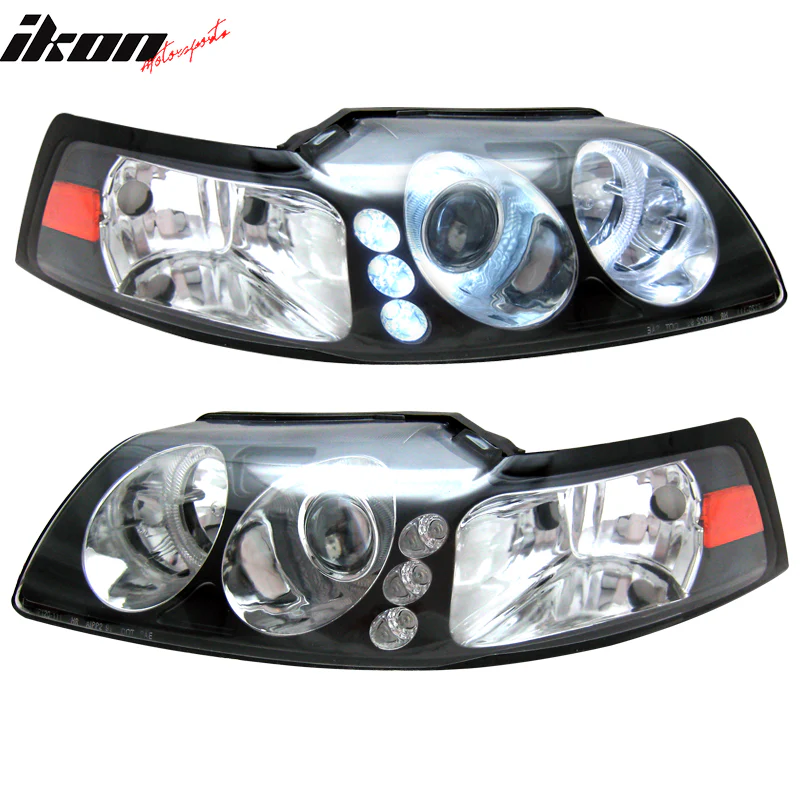 1999-2004 Ford Mustang Black Projector Headlights Lamps Amber Pair - Image 3
