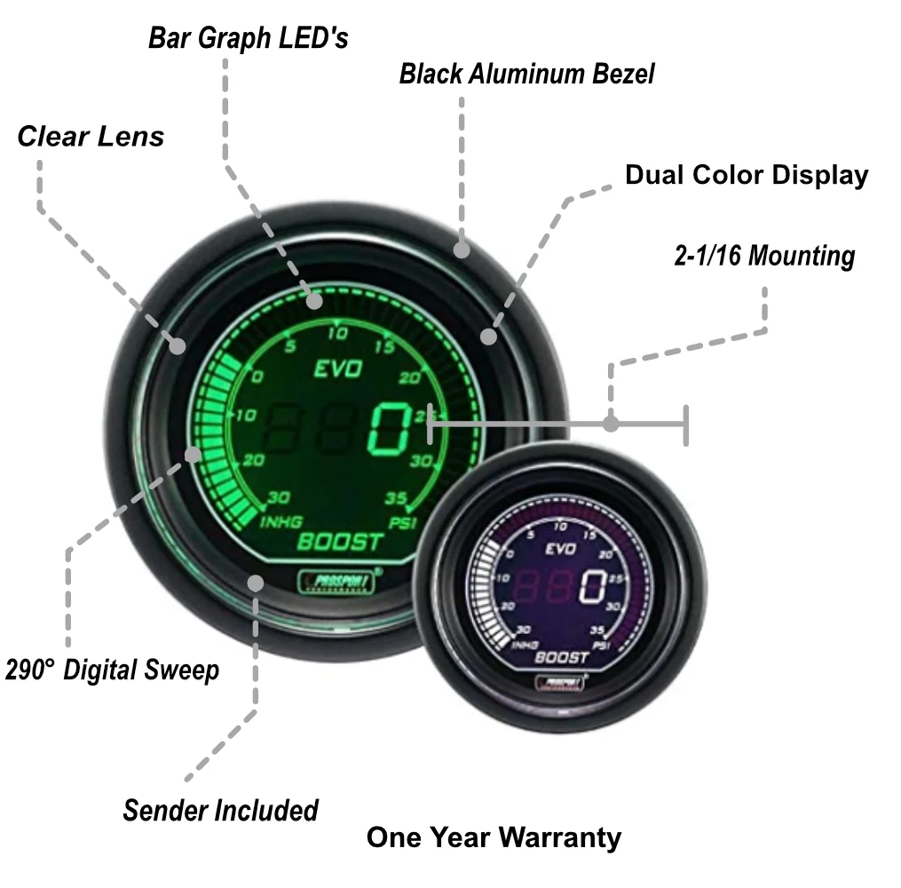 2-1/16" Evo Electrical Boost Gauge-Green and White - Image 2