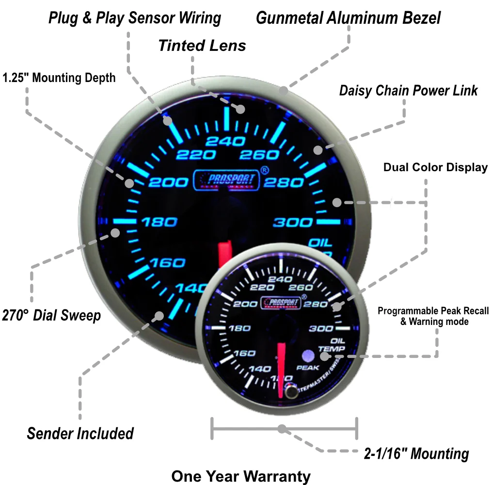 2-1/16" Premium Blue/White Oil Temperature Gauge - Image 2