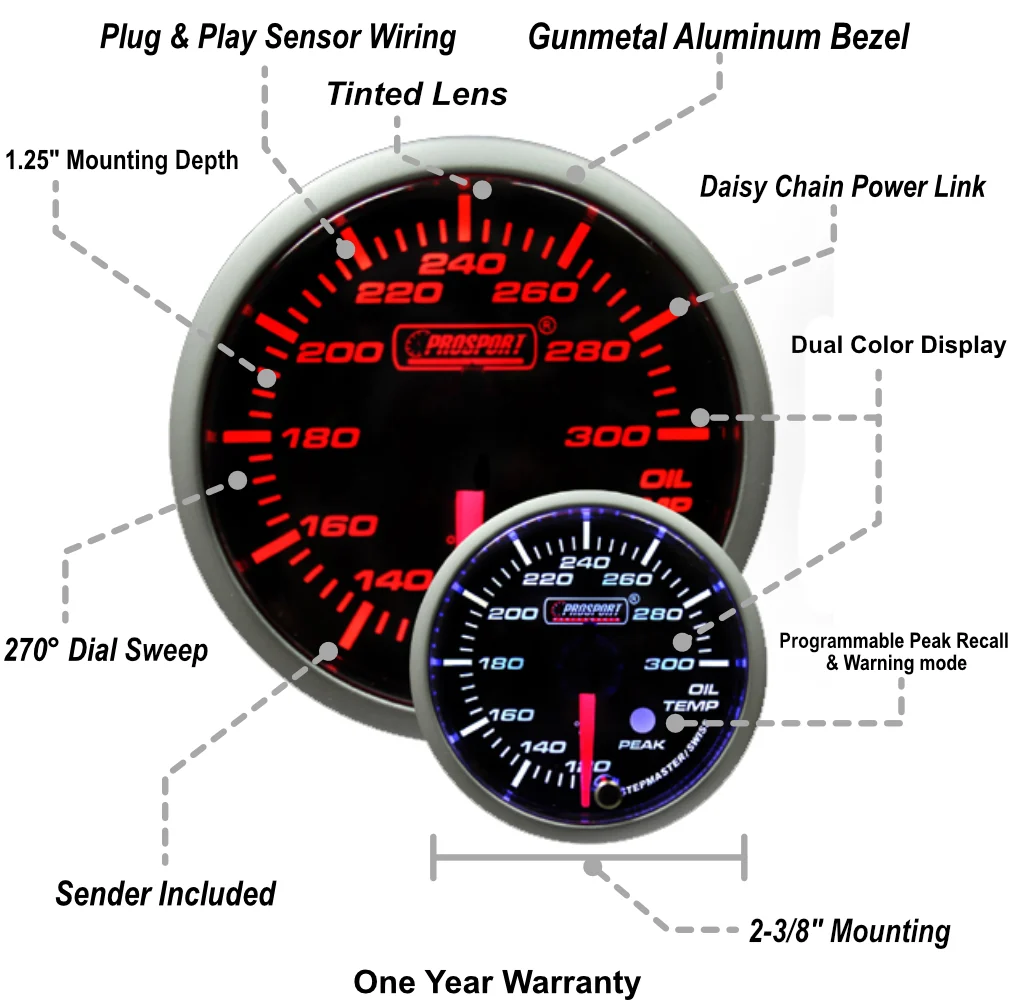 2-3/8" Amber/White Premium Oil Temperature Gauge - Image 2
