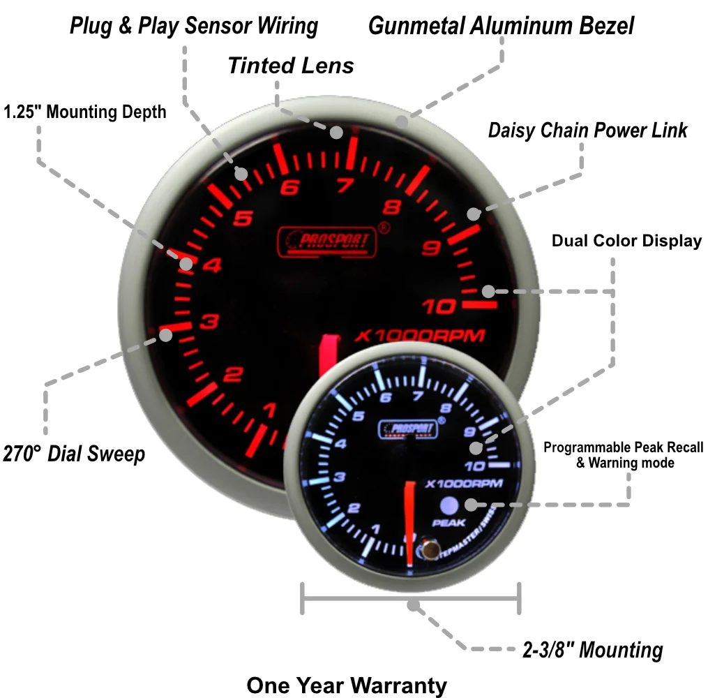 2-3/8" Amber/White Premium Tachometer - Image 2