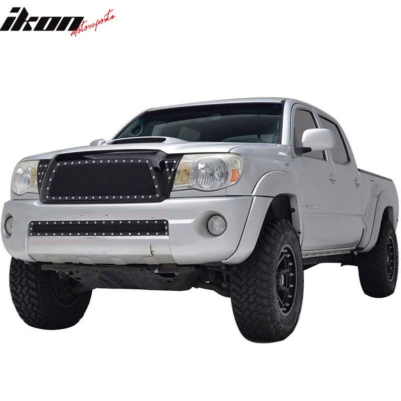 2005-2009 Toyota Tacoma Front Mesh Bumper Grille w/ Shell Gloss Black - Image 2