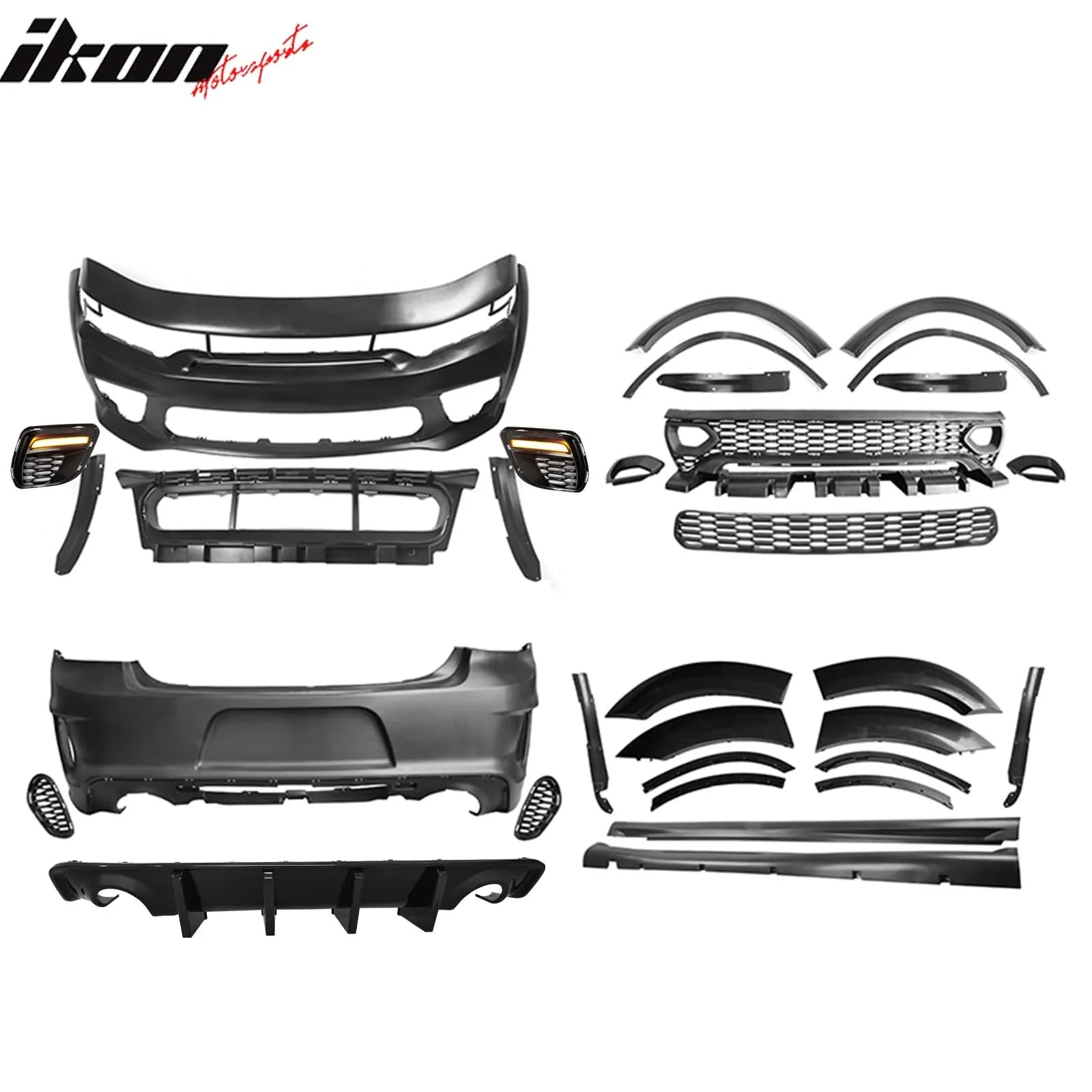 2015-2023 Charger IKON Gloss Black Front Rear Bumper Covers LED PP - Image 5