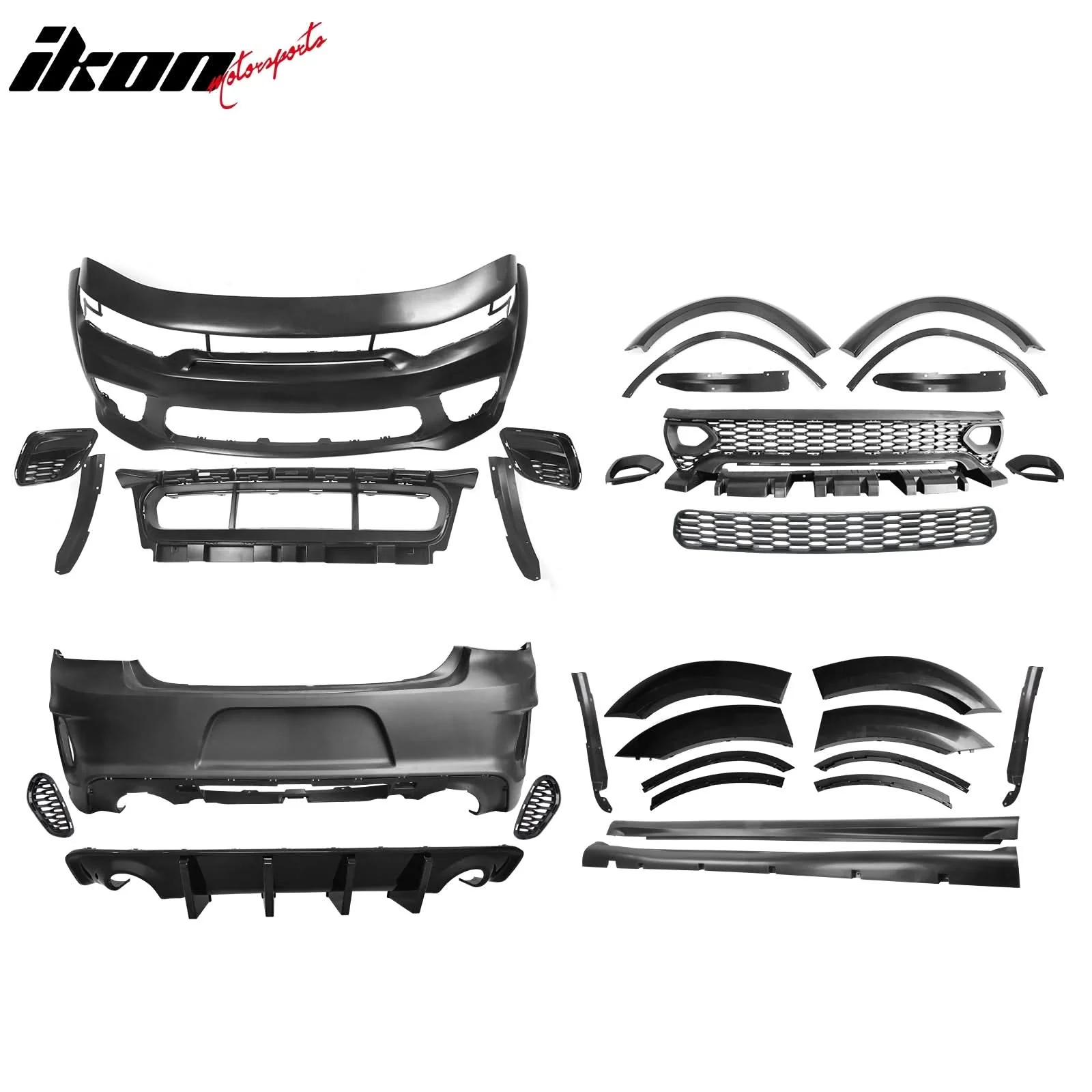 2015-2023 Dodge Charger IKON Gloss Black Front Rear Bumper Covers PP - Image 5