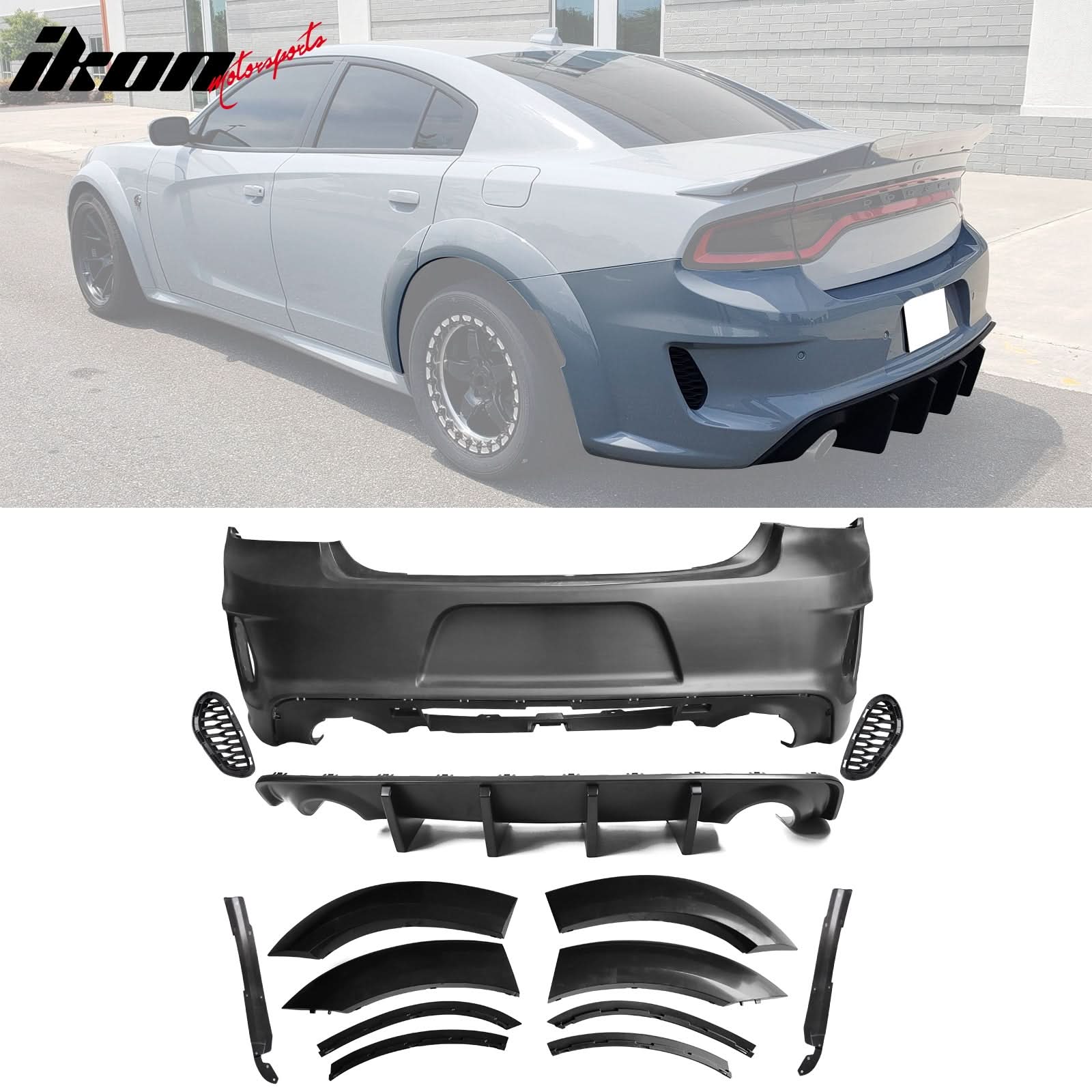 2015-2023 Dodge Charger IKON Matte Black Front Rear Bumper Covers PP - Image 3