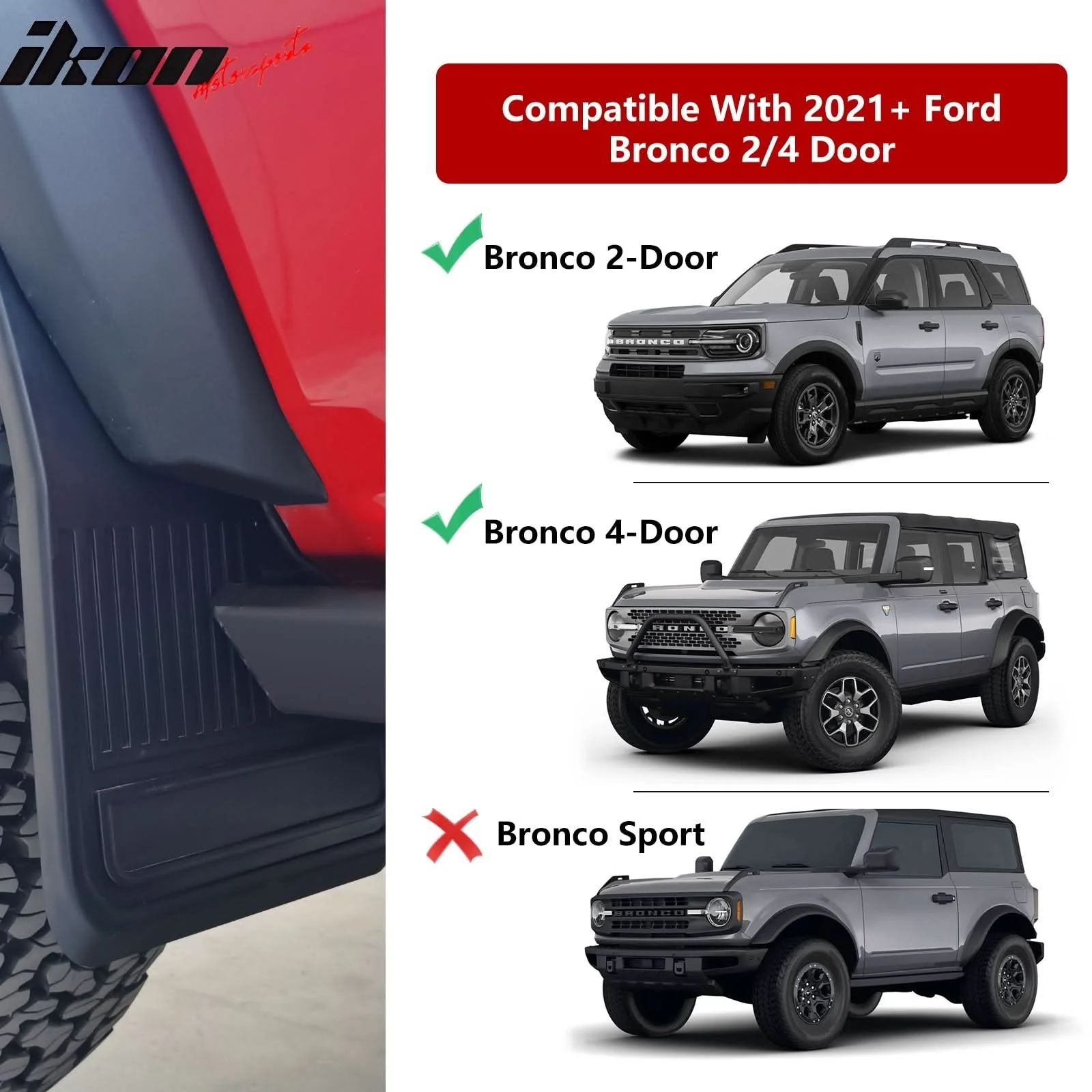 2021-2025 Ford Bronco Black 4PCS Front Rear Mud Flaps Splash Guards - Image 6