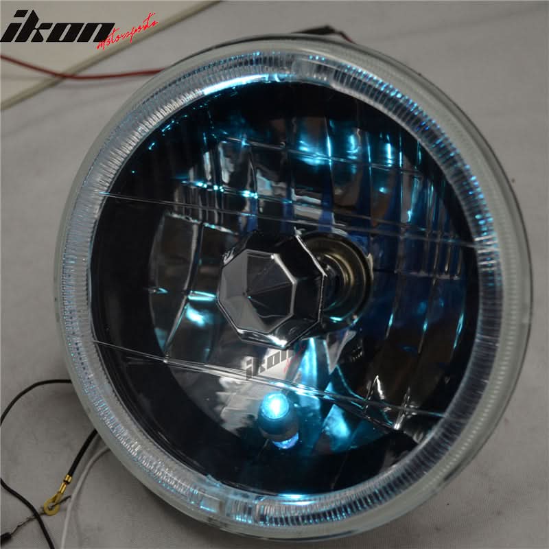7in Round H4 Headlight w/ Halo Halogen Bulb Clear Lens Blue City Light - Image 4