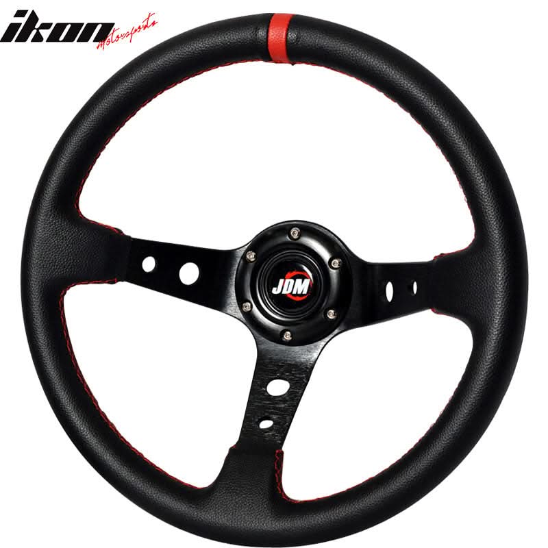Black Red Deep Dish 6-Bolt Steering Wheel 350MM & Horn Button - Image 2