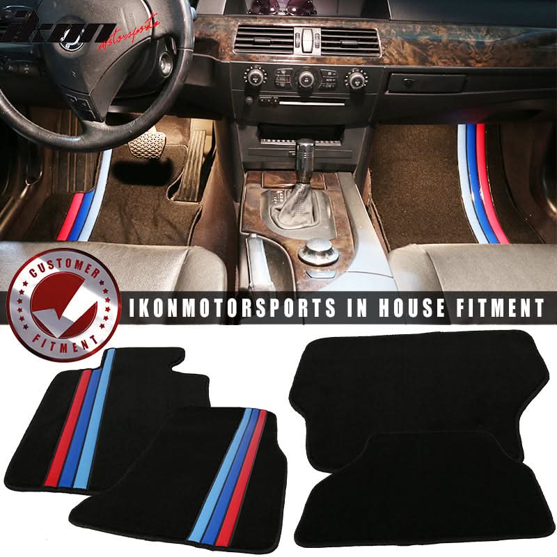 Car Floor Mat for 2005-2010 BMW E60 5 Series Black M Stripe 4PC Nylon - Image 2