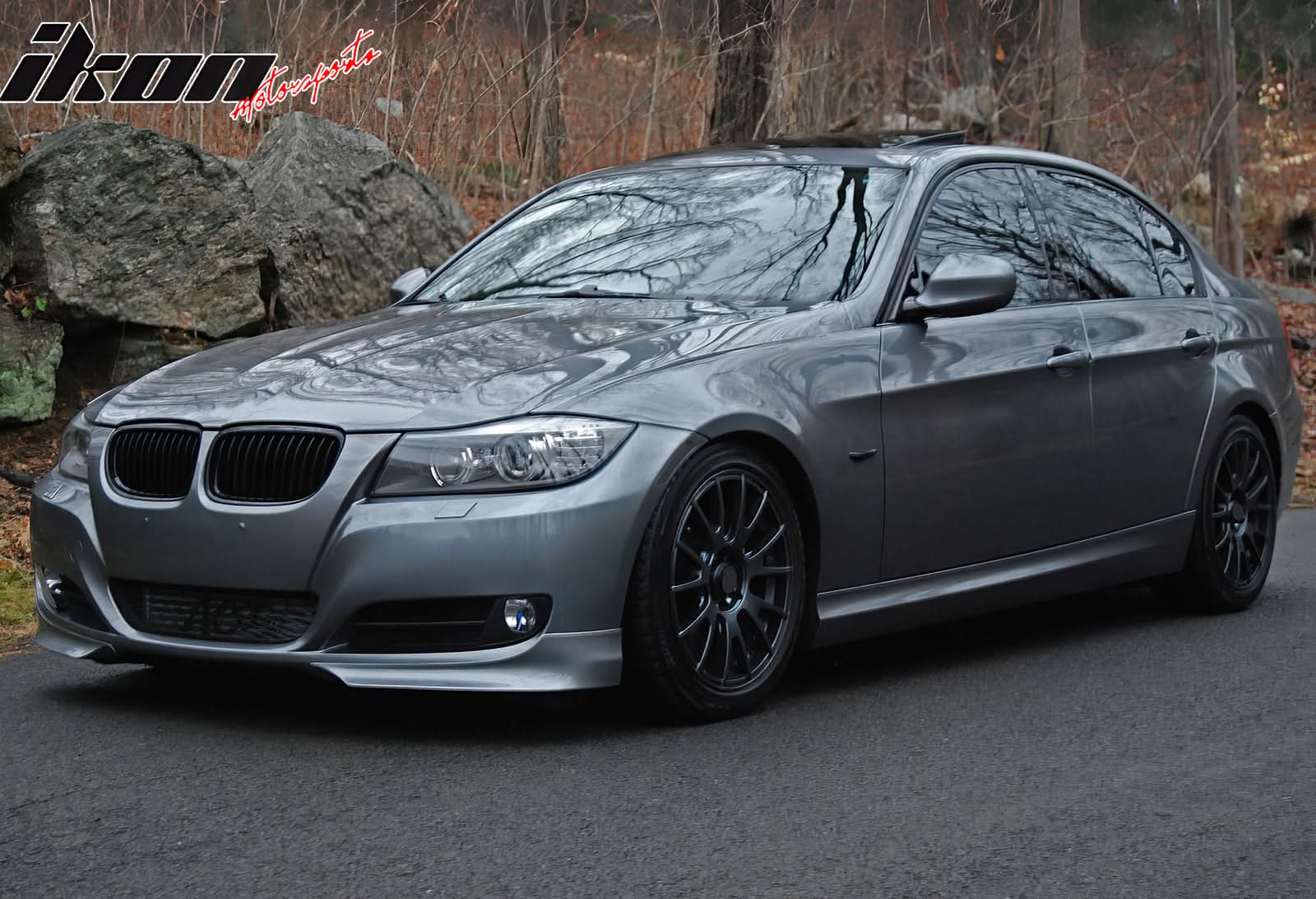 Fits 09-12 BMW E90 328I 335 2 Piece Front Bumper Lip PP + Splitter PU - Image 2