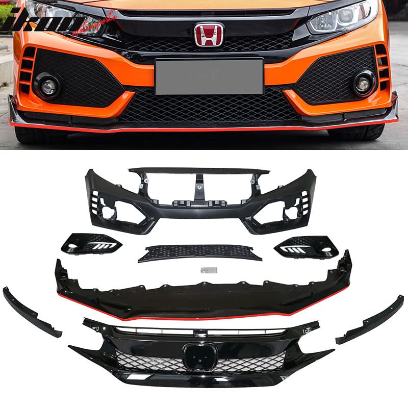 Fits 16-18 Honda Civic TR Front Bumper + Grille + Lip + Foglight Cover - Image 3