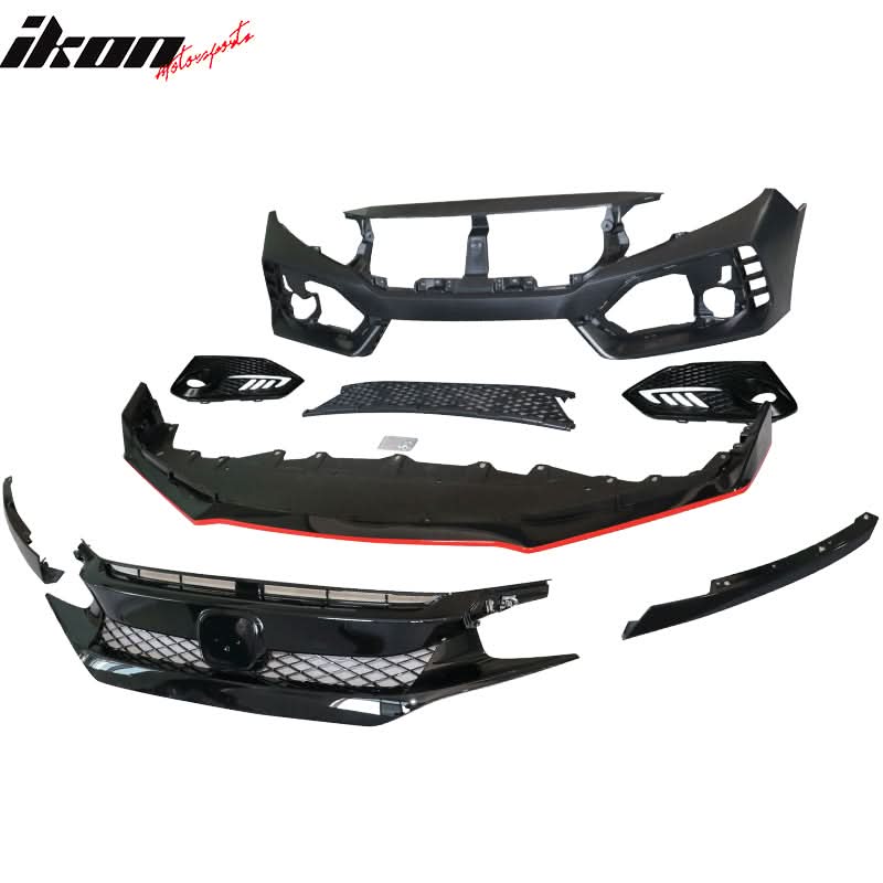 Fits 16-18 Honda Civic TR Front Bumper + Grille + Lip + Foglight Cover - Image 4