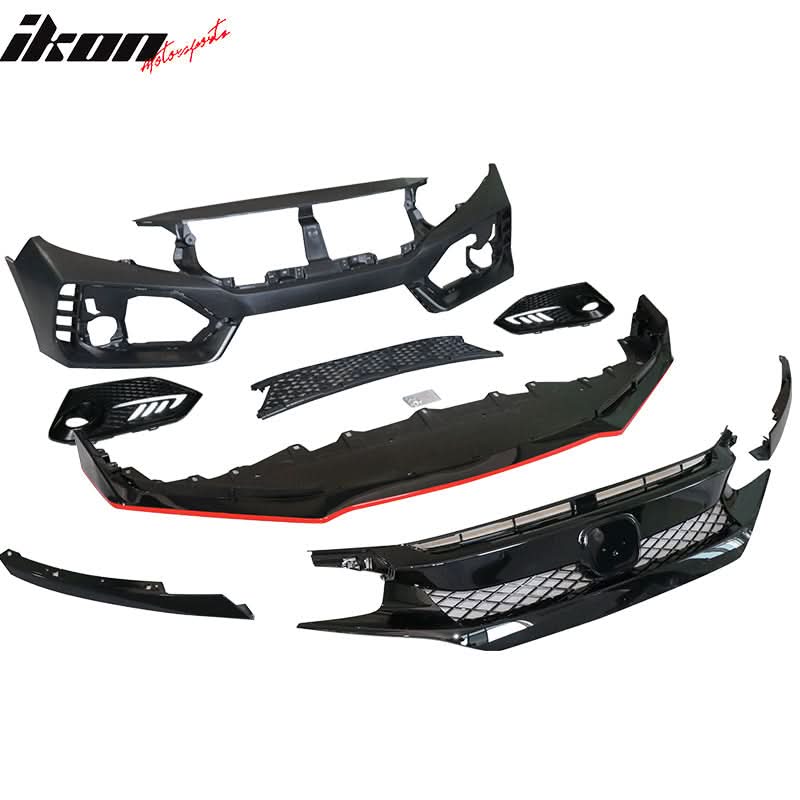 Fits 16-18 Honda Civic TR Front Bumper + Grille + Lip + Foglight Cover - Image 5