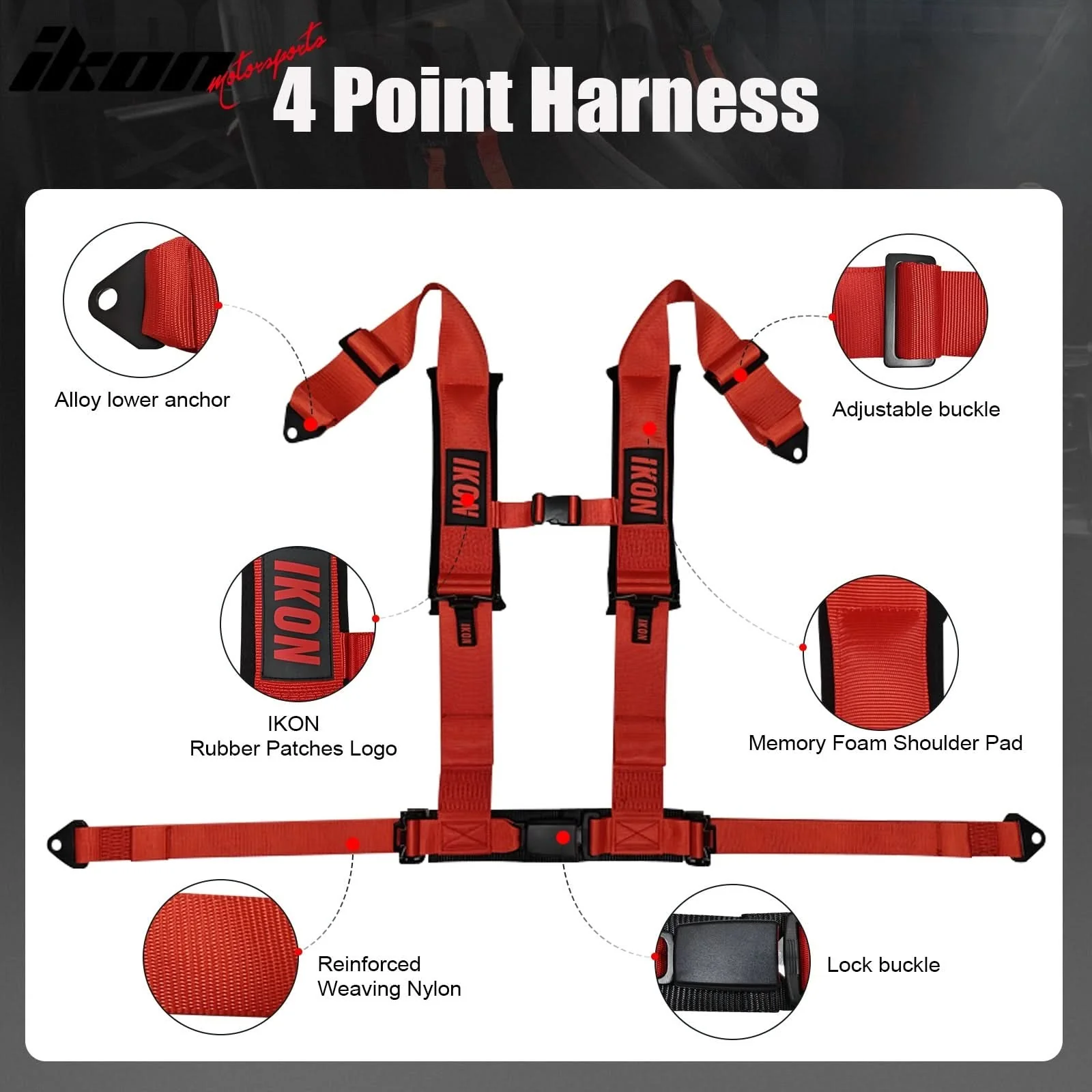 Universal 3" Wide 4 Point Buckle Racing Seat Belt Harness Nylon Red - Image 4
