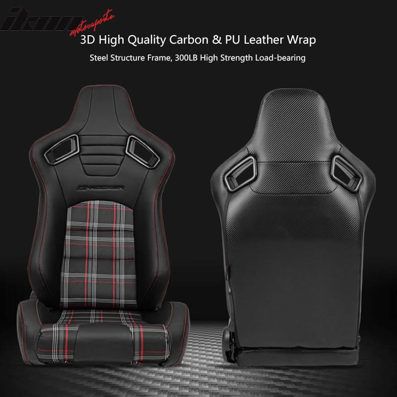 Universal Plaid Racing Seat Dual with Sliders PU Carbon Leather - Image 15